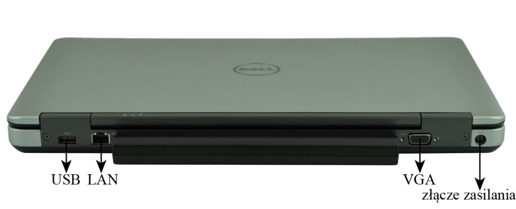 Side view of a closed Dell laptop showing USB and LAN ports on the left, and VGA and power connector on the right.