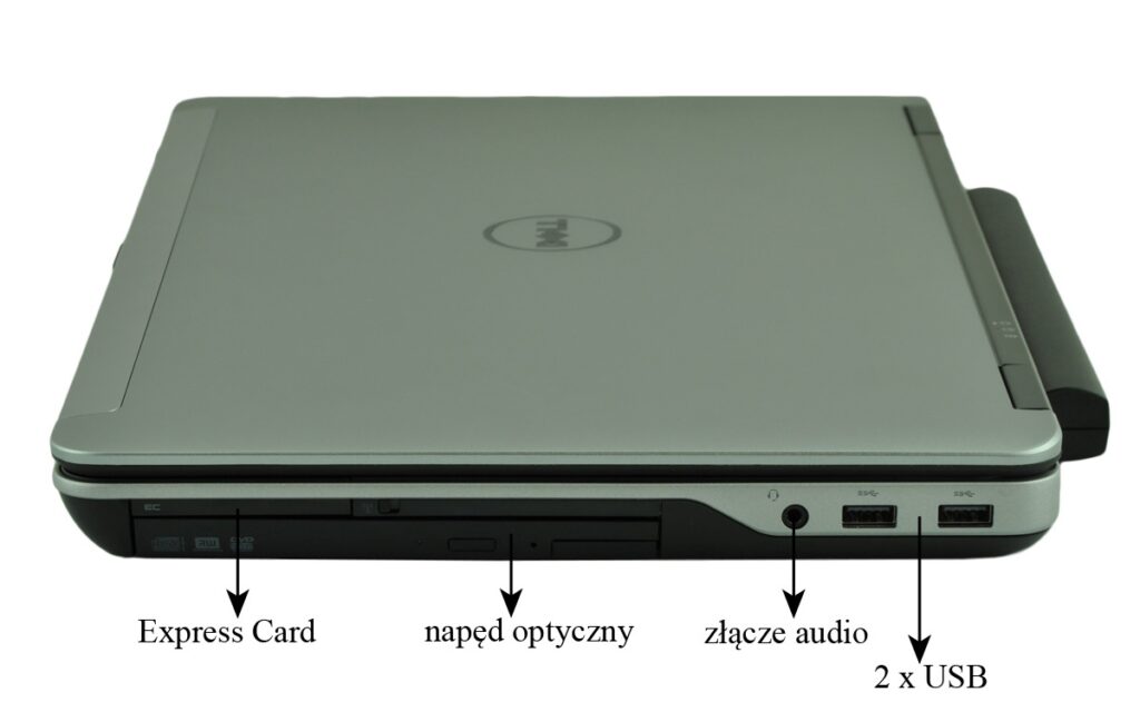 Closed silver Dell laptop viewed from the front with visible ExpressCard slot, optical drive, audio jack, and two USB ports (labels in Polish).