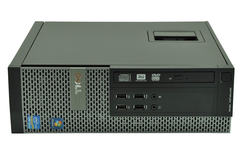 dell-optiplex-7010-52031_128562 - lab-kuzniewski.pl - Testy laptopów, recenzje i porównania Front view of a Dell OptiPlex 7010 small form factor desktop with a DVD drive and front USB ports.
