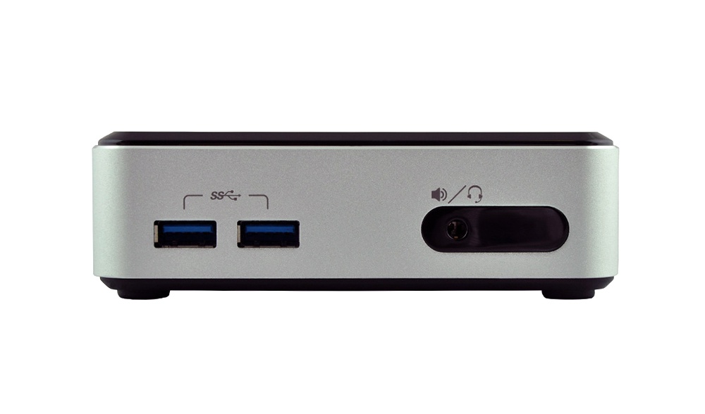 Front panel of a compact silver mini PC with two USB 3.0 ports on the left and a power/input jack on the right.