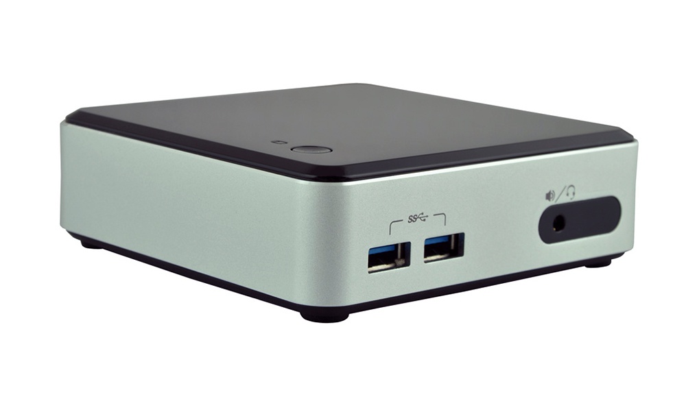 Silver mini PC or compact computer enclosure with two USB 3.0 ports and a power input on the front panel.