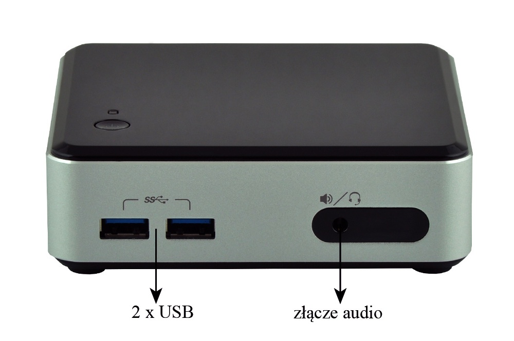 Front view of a compact mini PC showing two USB ports and a headphone/audio jack on the front panel.