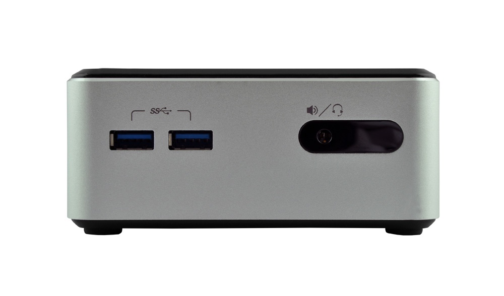 Front view of a compact silver device with two USB 3.0 ports on the left and a vertical slot or slider on the right.
