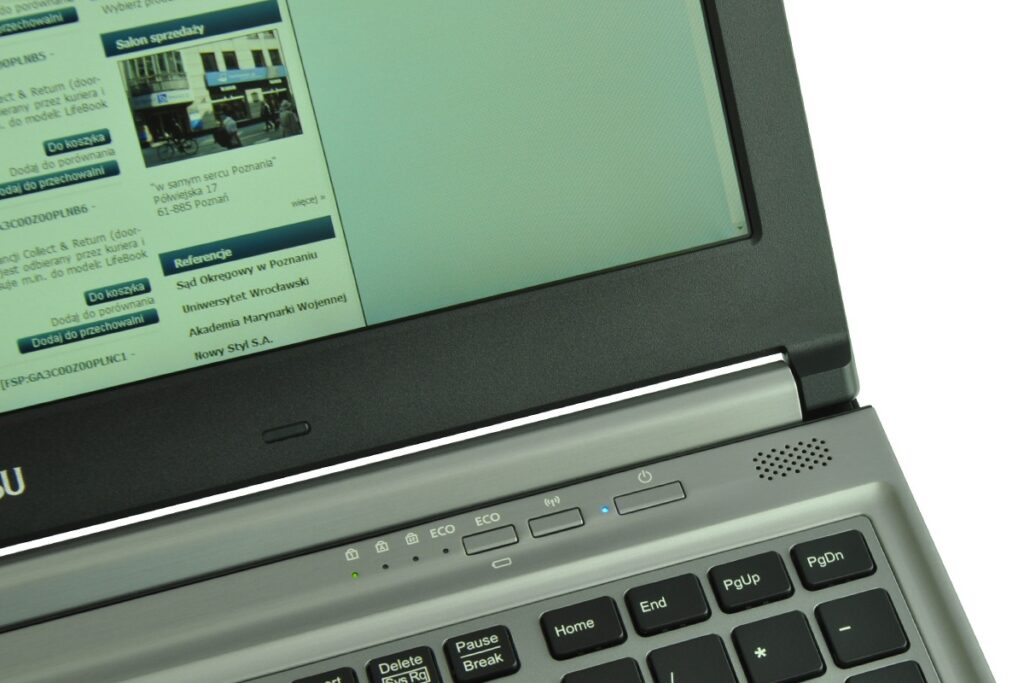 Close-up of a laptop showing a green-tinted Polish webpage on the screen with a grey keyboard in the foreground.