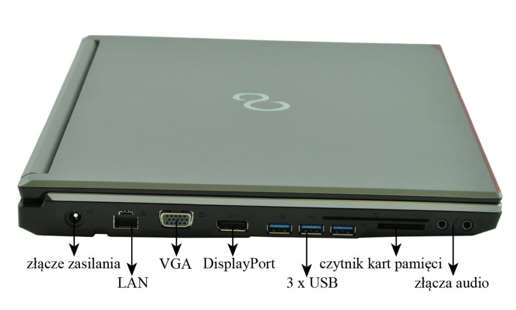Side view of a closed laptop showing ports: power connector, LAN, VGA, DisplayPort, three USB ports, SD/memory card reader, and audio jacks.