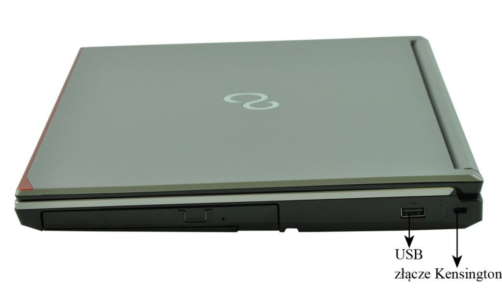 Closed gray laptop shown from the side with a USB-A port and Kensington security slot on the right edge