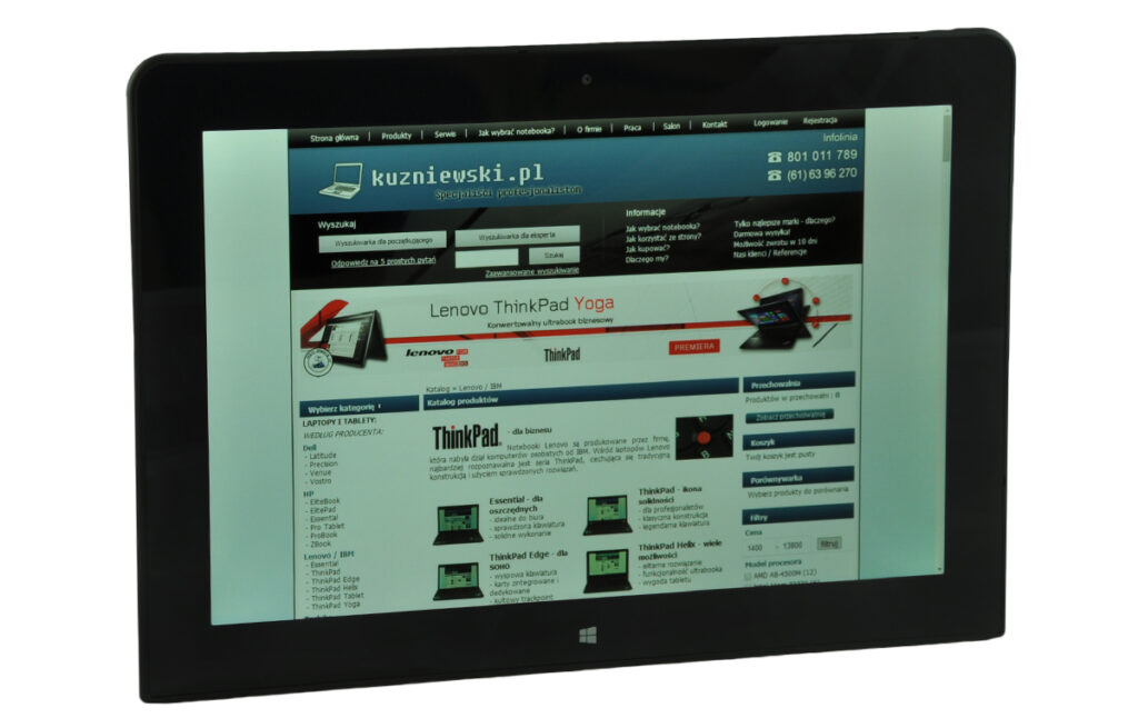 Tablet displaying a tech website with a Lenovo ThinkPad Yoga banner and product list on screen