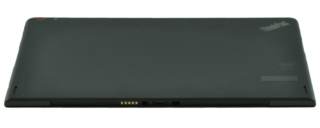Back view of a closed black ThinkPad laptop showing a row of gold docking pins along the bottom edge and connectors behind them we can see a logo area on the right edge of the lid (ThinkPad).