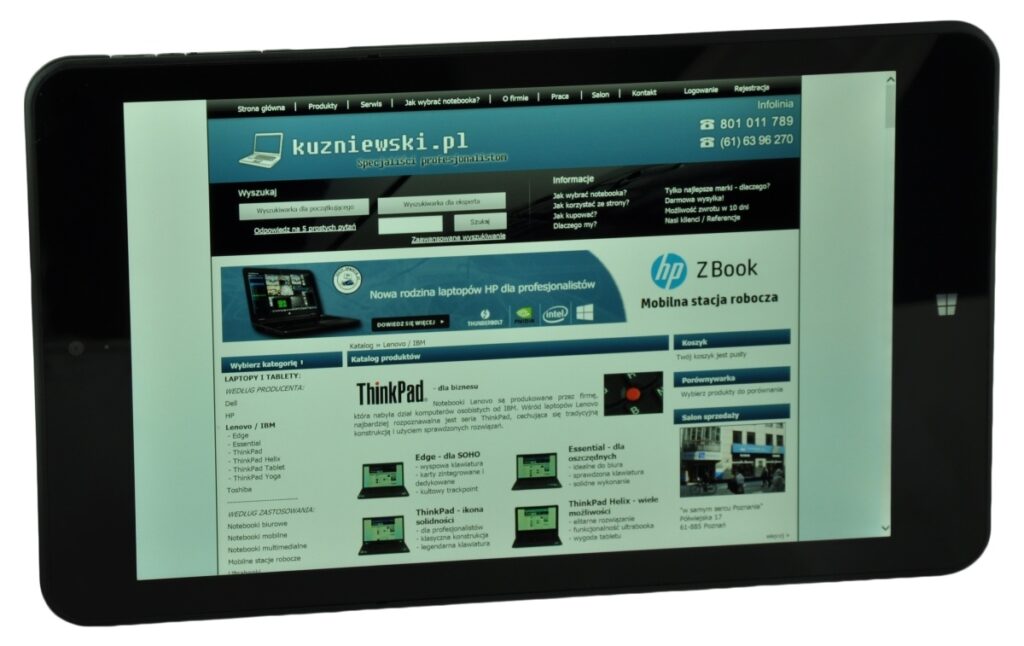 Tablet displaying kuzniewski.pl homepage with blue header and product banners.