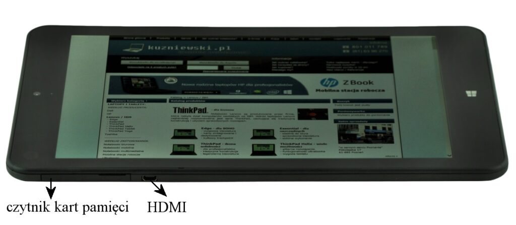 Tablet showing a webpage with side ports: memory card reader on the left and an HDMI port in the middle.