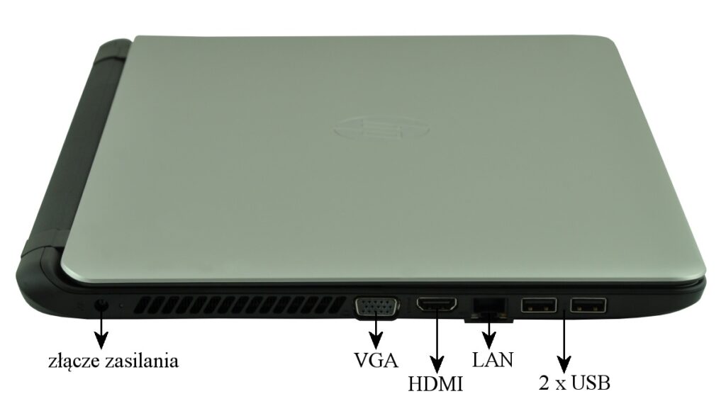 hp-350-g1-f7y53ea-core-i_127428 - lab-kuzniewski.pl - Testy laptopów, recenzje i porównania Side view of a closed laptop showing power connector, VGA, HDMI, LAN and two USB ports.