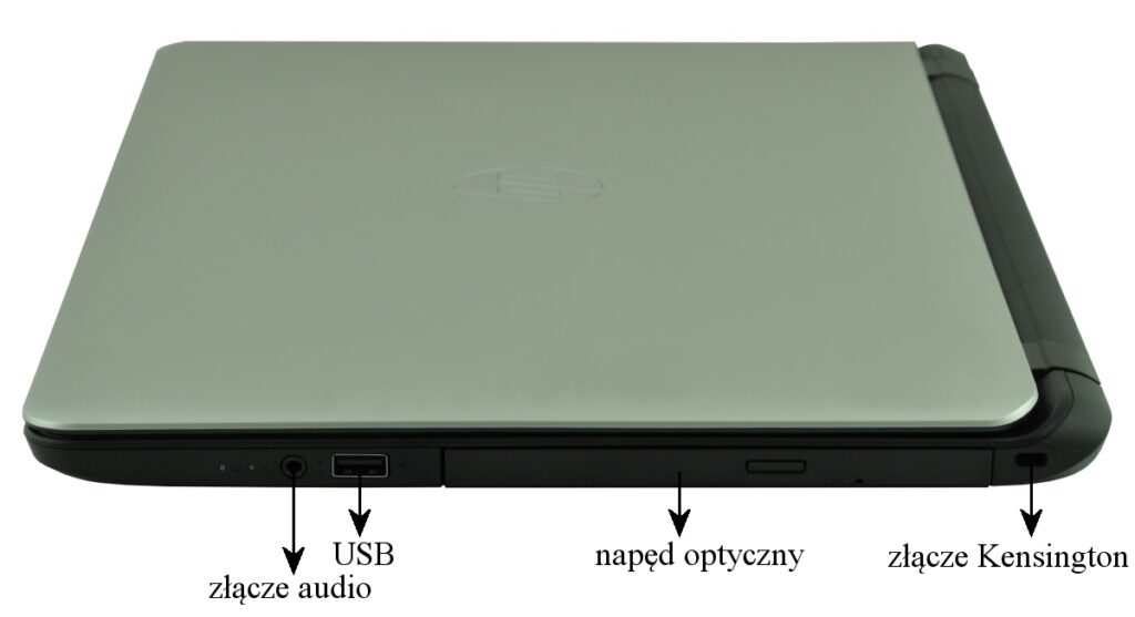 hp-350-g1-f7y53ea-core-i_127430 - lab-kuzniewski.pl - Testy laptopów, recenzje i porównania Side view of a closed laptop showing the audio jack, USB port, optical drive, and Kensington lock slot on the edge/side edge of the computer.