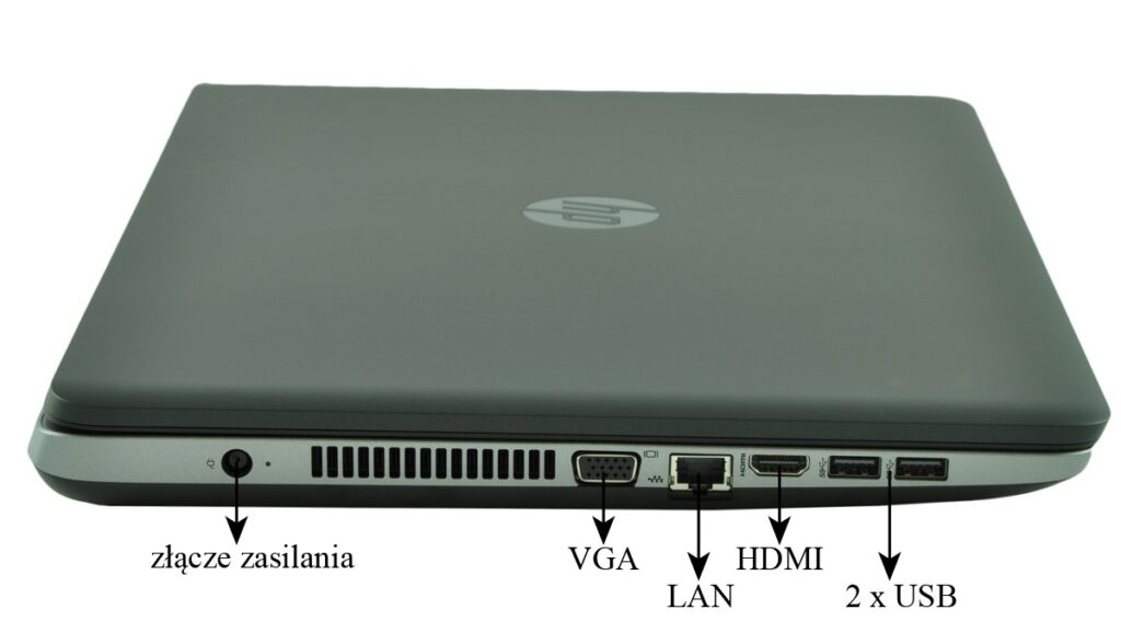 Closed HP laptop viewed from the side showing left-side ports: power connector, VGA, LAN, HDMI, and two USB ports.