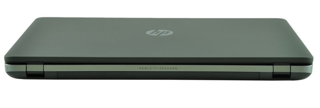 Closed dark gray HP laptop with the Hewlett-Packard logo on the lid and a slim profile.