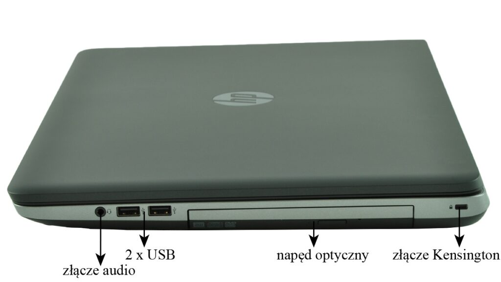 Zamknięty laptop HP widoczny od boku z portami: gniazdo audio, dwa porty USB, napęd optyczny i złącze Kensington.