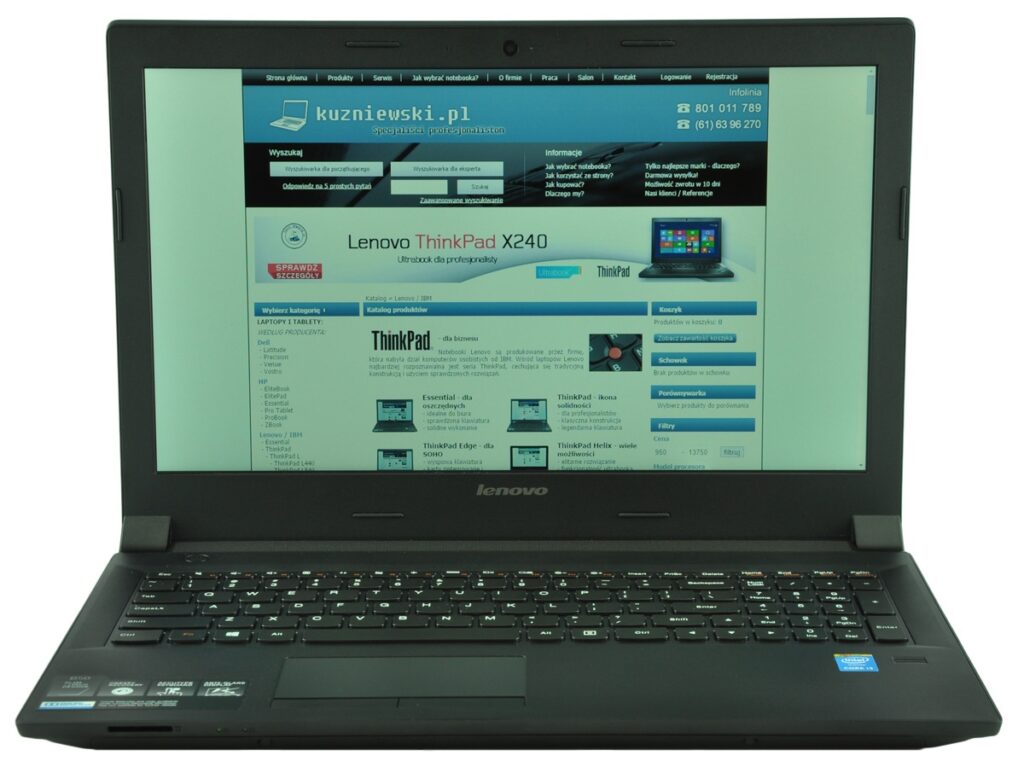 Black Lenovo ThinkPad laptop open to a website with a blue header and navigation bars displayed on the screen, including a ThinkPad X240 banner area.