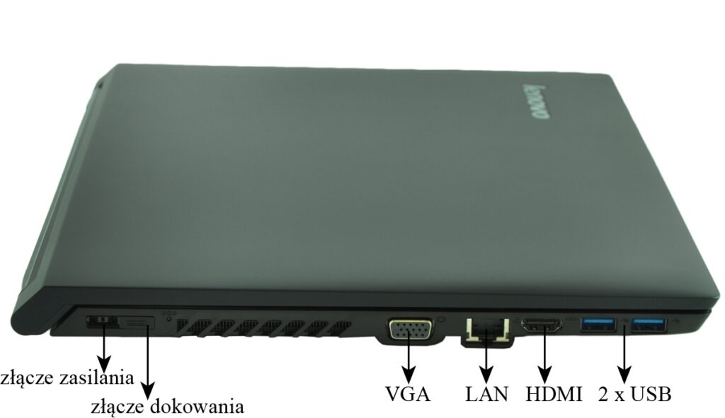 Side view of a laptop showing ports: power input, docking connector, VGA, LAN, HDMI, and two USB ports.