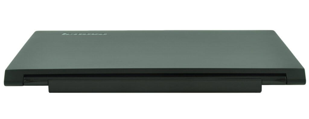Closed dark gray ThinkPad laptop viewed from the front, lid logo visible.