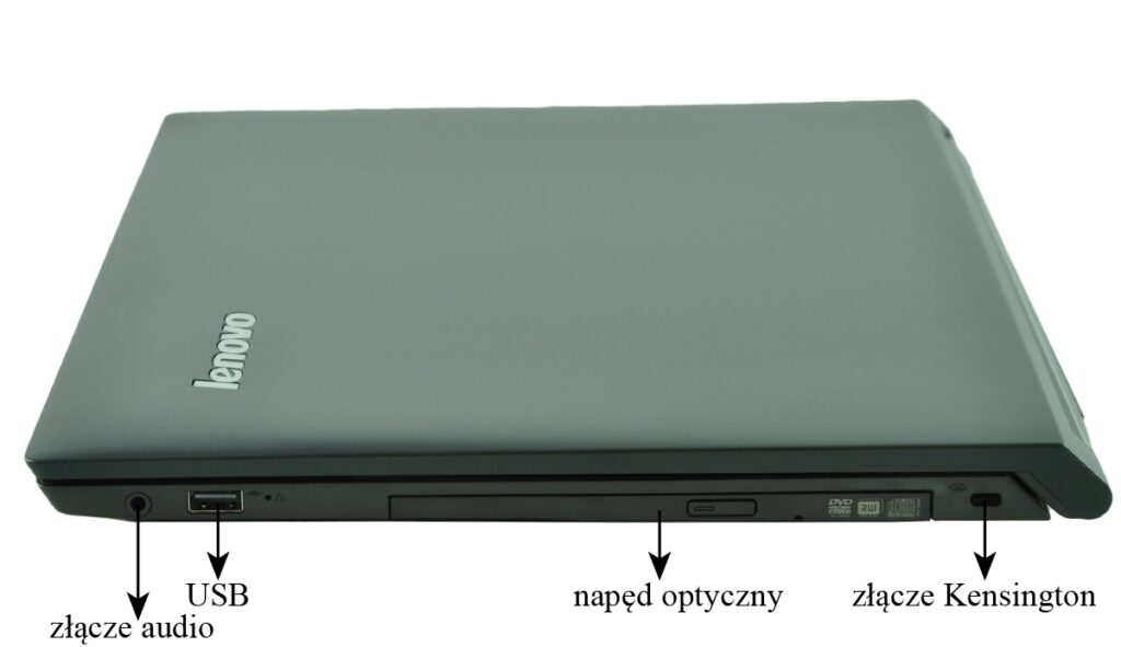 Lenovo — boczny zestaw portów: złącze audio, USB, napęd optyczny i złącze Kensington.