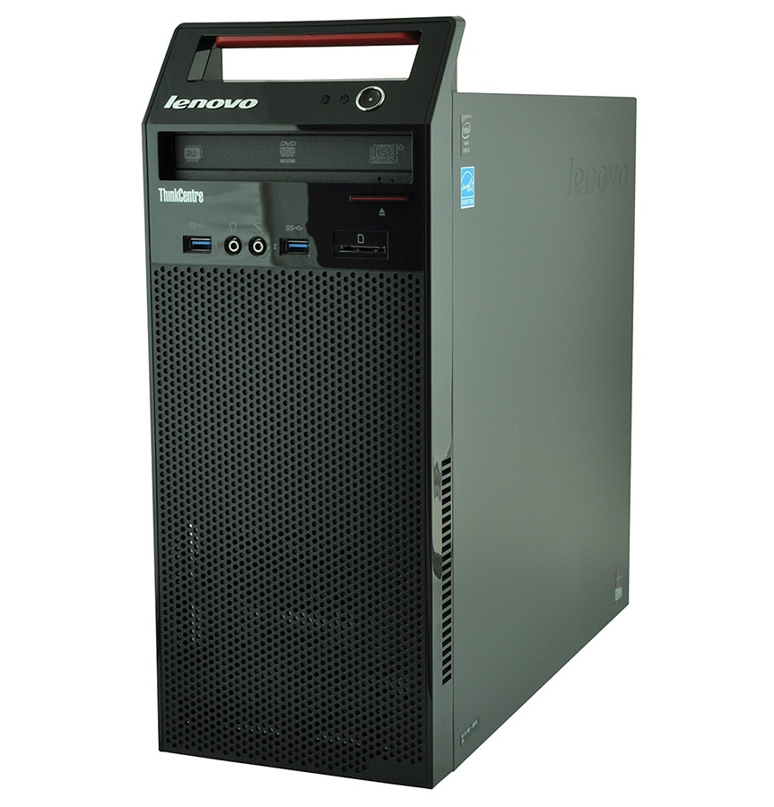 lenovo-thinkcentre-e93-1_126776 - lab-kuzniewski.pl - Testy laptopów, recenzje i porównania Front view of a Lenovo ThinkCentre desktop tower with USB ports, audio jacks, DVD drive, and perforated front panel