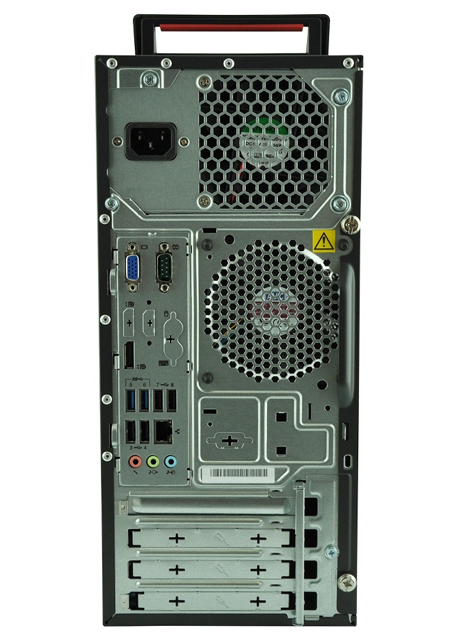 lenovo-thinkcentre-e93-1_126778 - lab-kuzniewski.pl - Testy laptopów, recenzje i porównania Back of a desktop tower showing power supply, cooling fan, I/O ports, and expansion slots with colorful audio jacks and USB ports