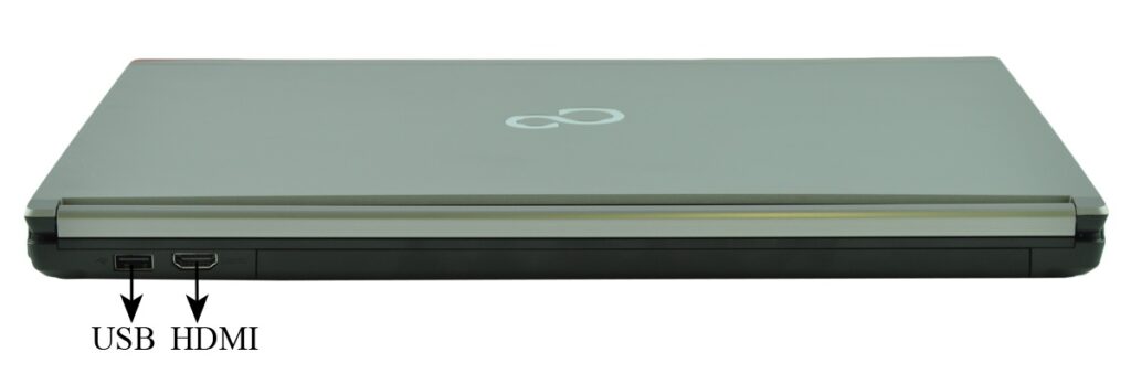 Closed laptop viewed from the left side showing USB and HDMI ports on the edge, white background.
