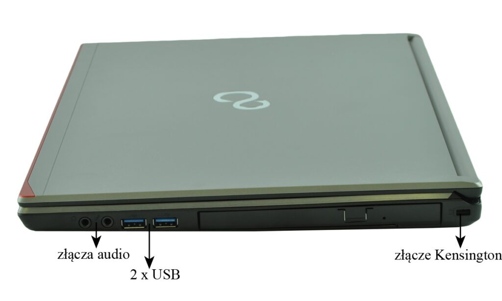 Side view of a closed gray laptop showing left-edge audio jacks and two USB ports, plus a Kensington lock on the right edge