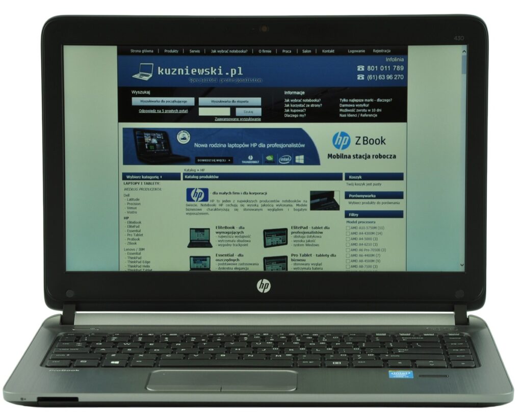 hp-probook-430-g2-g6w25e_129666 - lab-kuzniewski.pl - Testy laptopów, recenzje i porównania HP laptop open to a Polish website on the screen, with blue header and product banners