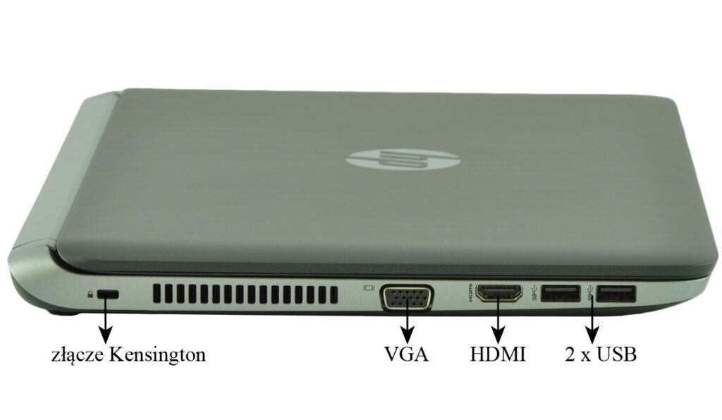 hp-probook-430-g2-g6w25e_129678 - lab-kuzniewski.pl - Testy laptopów, recenzje i porównania Closed silver laptop from the side showing Kensington lock slot, VGA port, HDMI, and two USB ports.