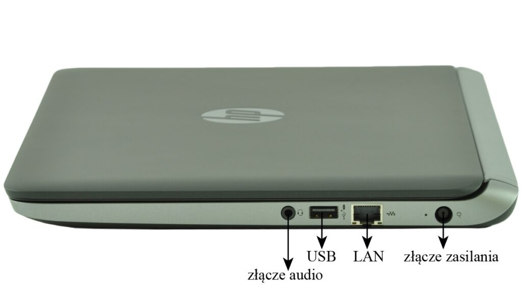 hp-probook-430-g2-g6w25e_129680 - lab-kuzniewski.pl - Testy laptopów, recenzje i porównania Closed silver HP laptop with its side ports labeled: audio jack, USB, LAN (Ethernet), and power connector (Polish labels: złącze audio, USB, LAN, złącze zasilania).