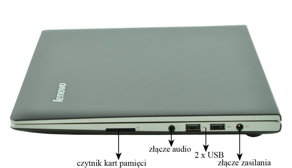 lenovo-m30-70-59-428988_130077 - lab-kuzniewski.pl - Testy laptopów, recenzje i porównania Lenovo laptop side view with memory card reader, audio jack, 2 USB ports and power input.