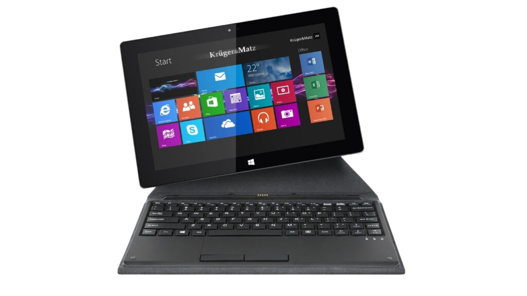Two-in-one laptop/tablet hybrid with a swiveling screen showing the Windows Start screen and a dark gray keyboard dock.