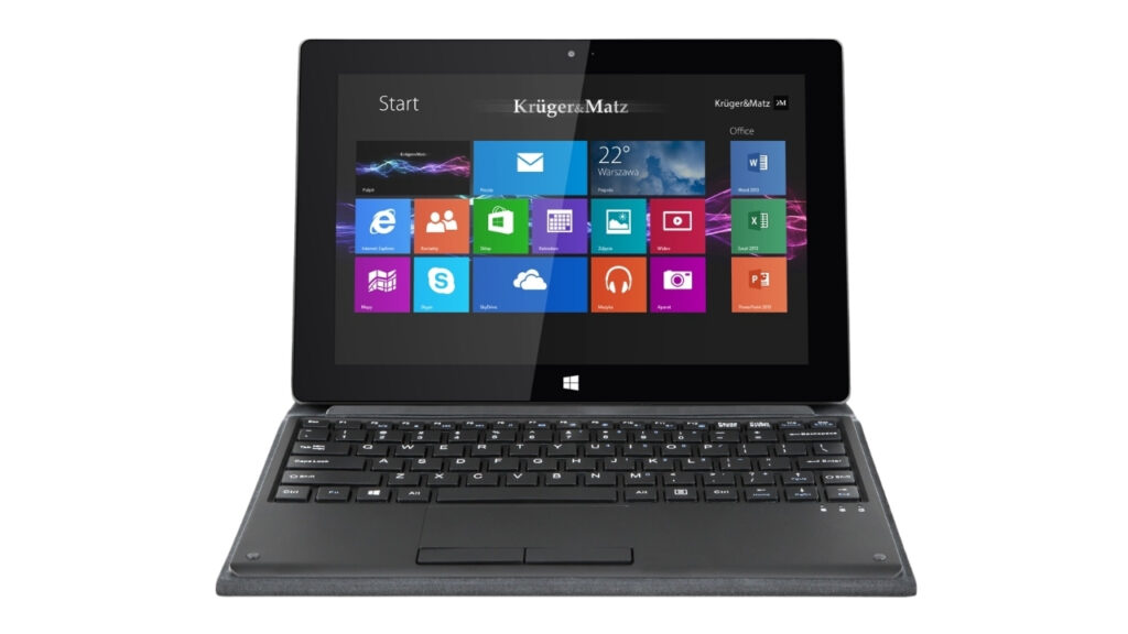 Black laptop-tablet hybrid with a Windows Start screen showing colorful tile apps on a dark bezel and keyboard dock in a white background.