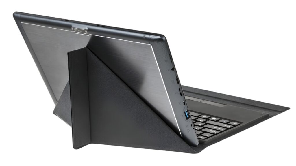 Black 2-in-1 laptop in tent/stand mode with a brushed metal tablet on a triangular kickstand and a visible keyboard base nearby.