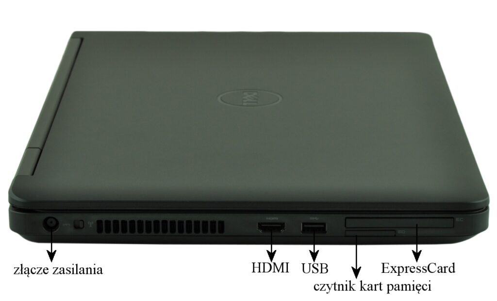 dell-latitude-e5540-5197_125708 - lab-kuzniewski.pl - Testy laptopów, recenzje i porównania Closed Dell laptop with left-edge ports: power connector, ventilation, HDMI, USB, memory card reader, and ExpressCard slot.