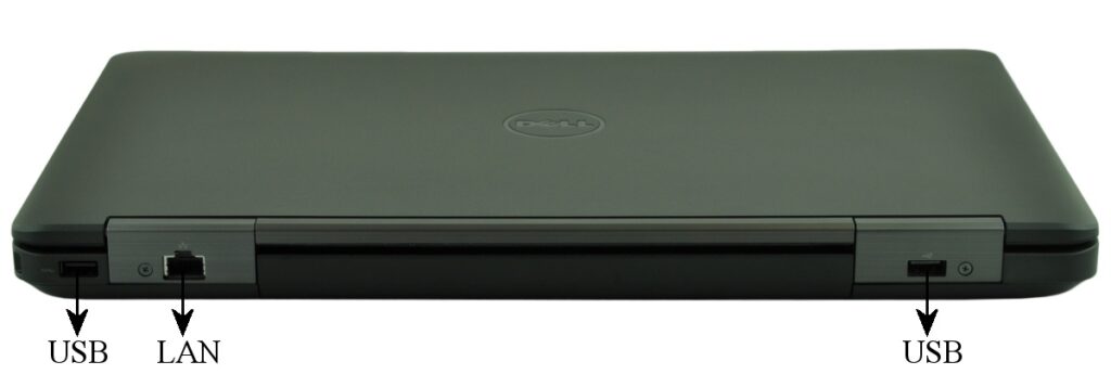 dell-latitude-e5540-5197_125709 - lab-kuzniewski.pl - Testy laptopów, recenzje i porównania Closed Dell laptop with three visible ports along the edges: leftmost USB, middle LAN Ethernet, and right USB.