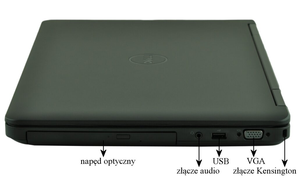 dell-latitude-e5540-5197_125710 - lab-kuzniewski.pl - Testy laptopów, recenzje i porównania Closed Dell laptop viewed from the side showing the optical drive, audio jack, USB port, VGA port, and Kensington lock.
