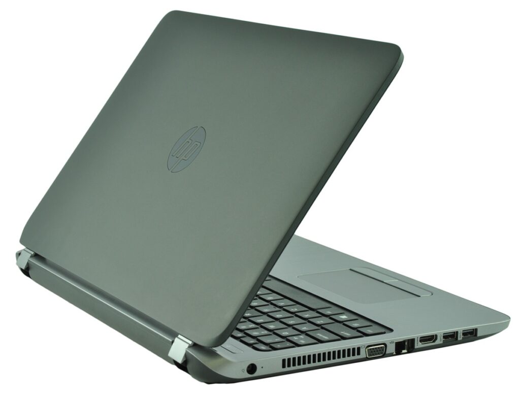 Open HP laptop angled with keyboard visible and side ports showing (USB, Ethernet, VGA)