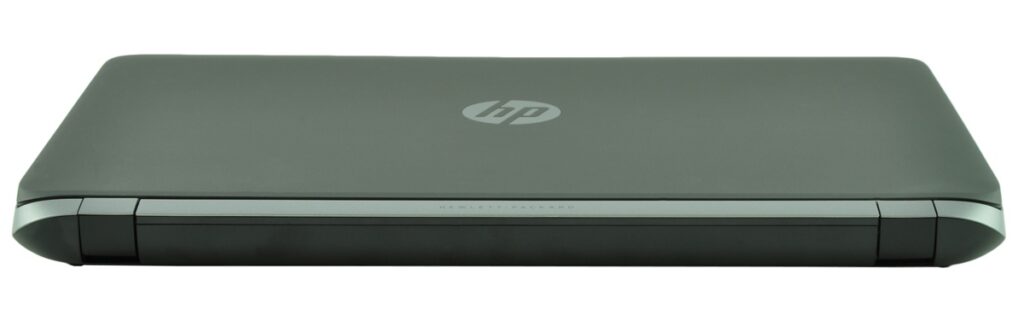 Closed dark gray HP laptop with hinge and logo visible, viewed from the side edge edge-to-edge bound by a metallic strip