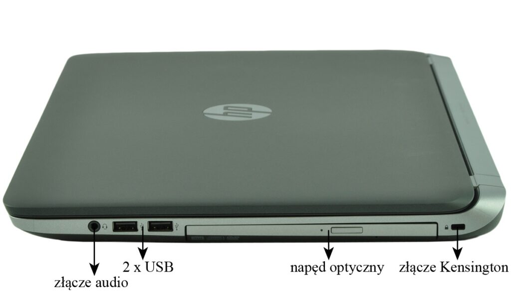 Closed HP laptop from the side showing audio jack, two USB ports, optical drive, and Kensington lock slot