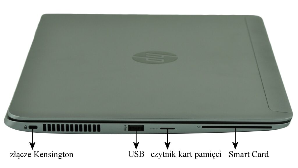 Laptop in side view with ports: Kensington lock, USB, memory card reader, and Smart Card slot.