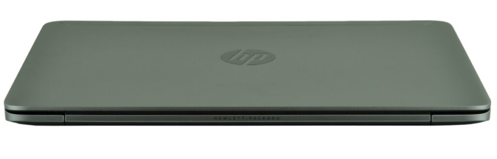 Closed gray HP laptop viewed from the side, showing the Hewlett-Packard branding on the lid edge