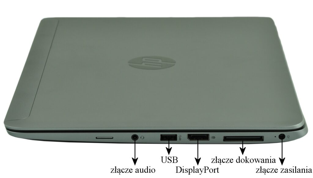 Closed silver laptop with left-edge ports: audio jack, USB, DisplayPort, docking connector, and power input.