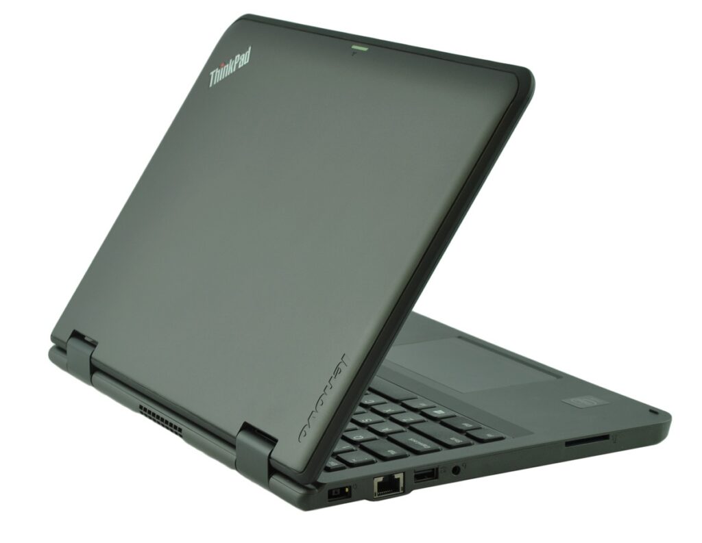 Lenovo ThinkPad laptop partially open with ports on the side (Ethernet, USB, VGA) visible, resting on its base.