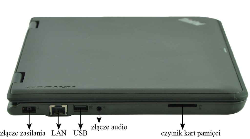 Zamknięty laptop z widocznymi portami z lewej strony: złącze zasilania, LAN, USB, złącze audio i czytnik kart pamięci.