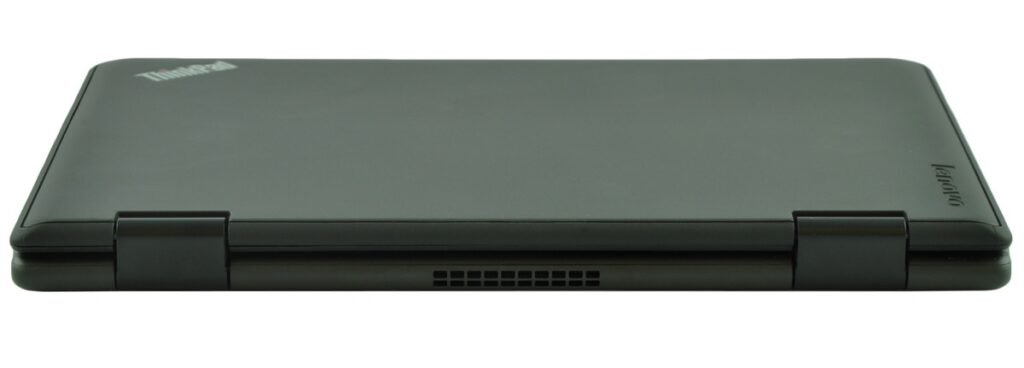 Closed black Lenovo ThinkPad laptop viewed from the side, showing the hinge and front vent along the base edge.