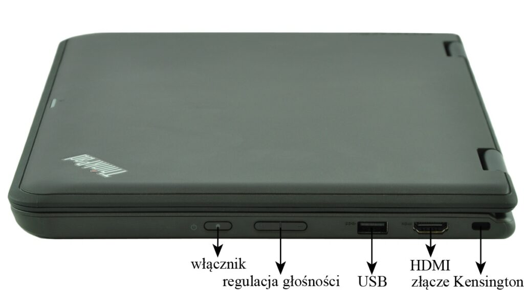 Close-up of a closed black laptop's front edge showing power button, volume control, USB port, HDMI port, and Kensington lock slot