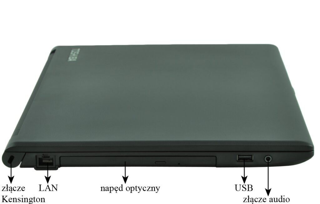 Zamknięty laptop widoczny z bocznej lewej krawędzi, z portami: złącze Kensington, LAN, napęd optyczny, USB i złącze audio.