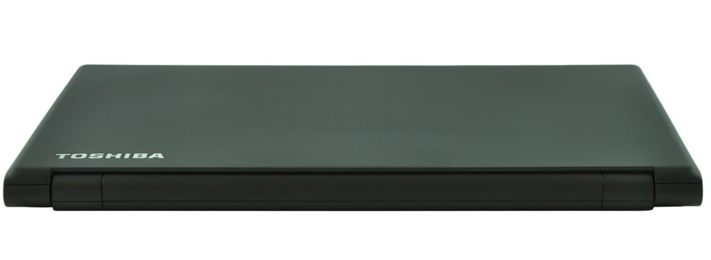 Closed black Toshiba laptop seen from the side, logo visible on the lid.