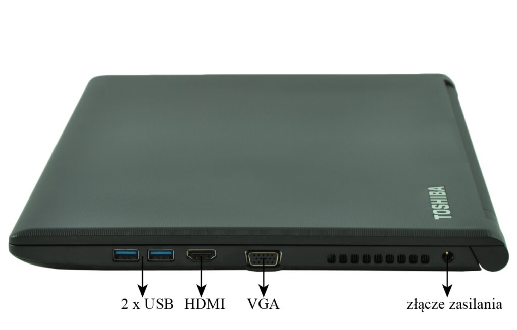 Toshiba laptop closed, showing left-side ports: two USB ports, HDMI, VGA, and power connector.